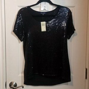 MAX EDITION Black Sequined Short Sleeve Hi-Low Blouse
